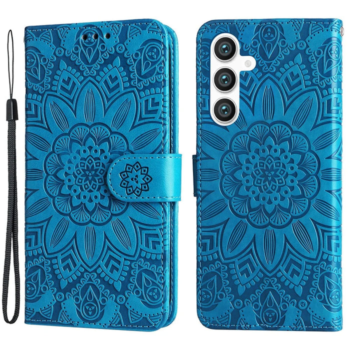 For Samsung Galaxy S23 FE Anti-Scratch Phone Cover PU Leather Shockproof Imprinted Sunflower Wallet Stand Case - Blue - 1