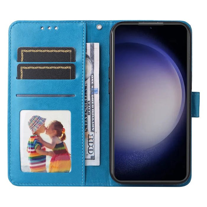 For Samsung Galaxy S23 FE Anti-Scratch Phone Cover PU Leather Shockproof Imprinted Sunflower Wallet Stand Case - Blue - 2