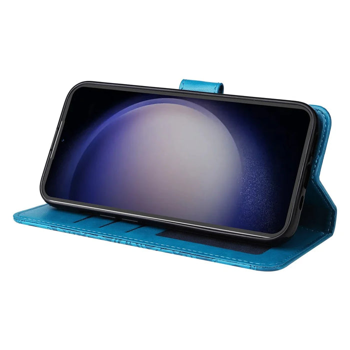 For Samsung Galaxy S23 FE Anti-Scratch Phone Cover PU Leather Shockproof Imprinted Sunflower Wallet Stand Case - Blue - 3