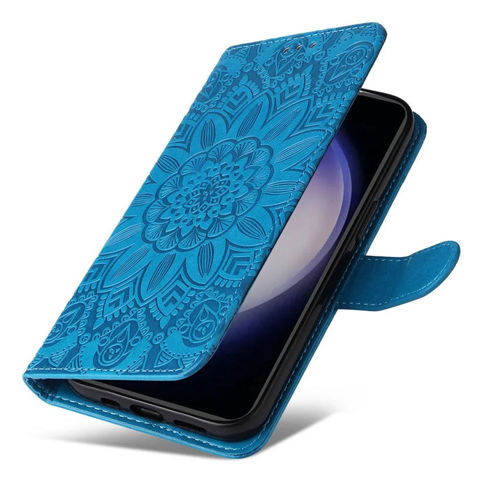 For Samsung Galaxy S23 FE Anti-Scratch Phone Cover PU Leather Shockproof Imprinted Sunflower Wallet Stand Case - Blue - 6
