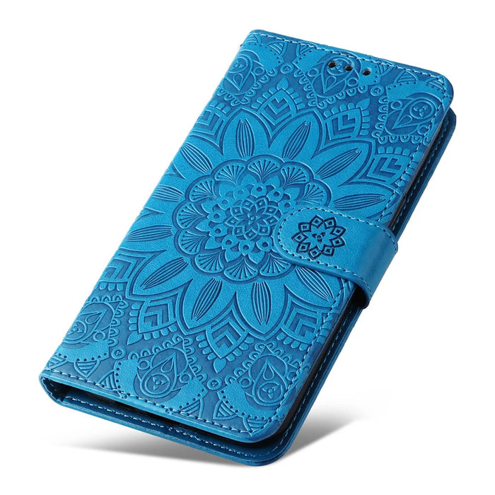 For Samsung Galaxy S23 FE Anti-Scratch Phone Cover PU Leather Shockproof Imprinted Sunflower Wallet Stand Case - Blue - 7