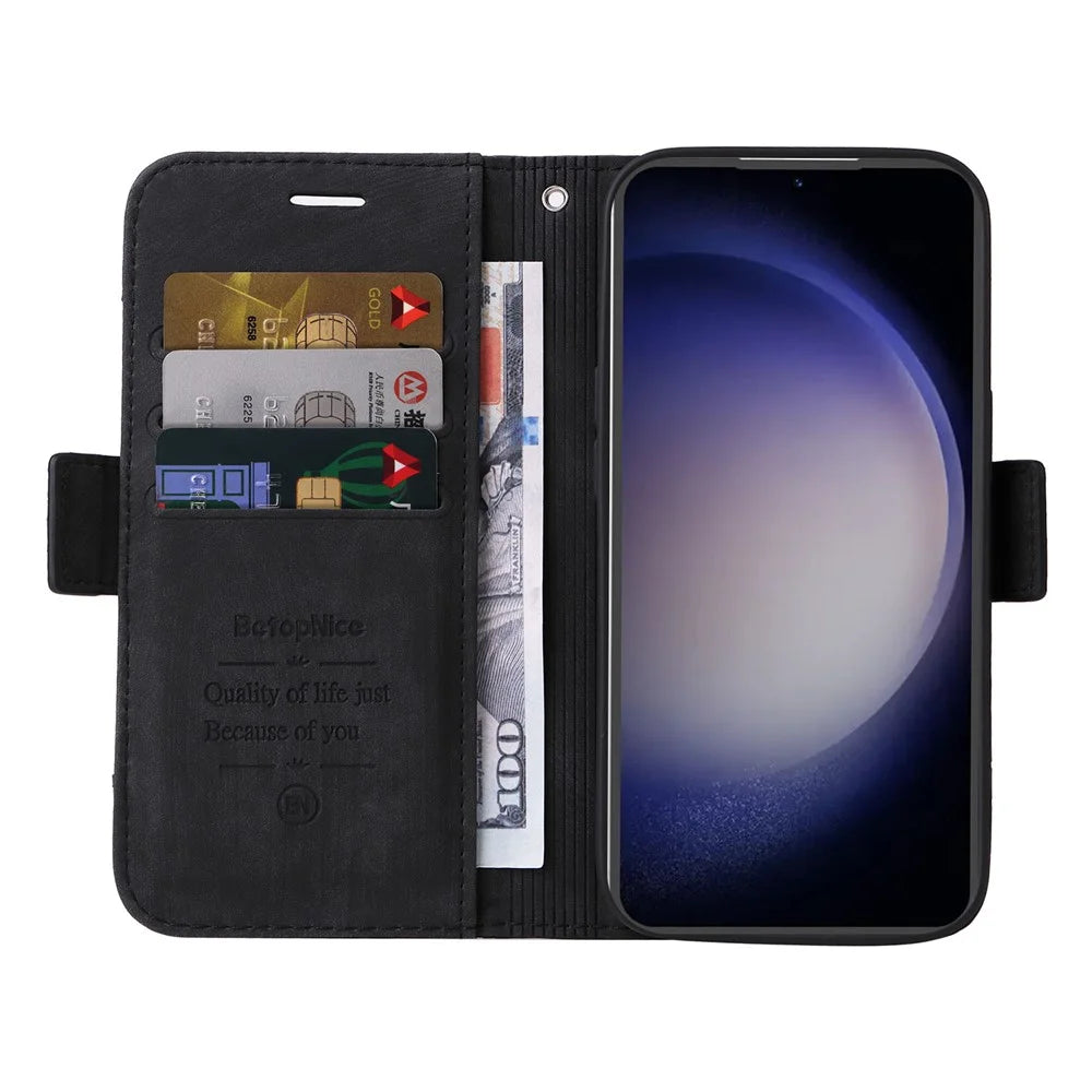 BETOPNICE 001 For Samsung Galaxy S23 FE TPU + PU Leather Phone Case Shockproof Stand Wallet Cover - Black - 2