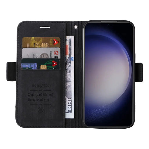 BETOPNICE 001 For Samsung Galaxy S23 FE TPU + PU Leather Phone Case Shockproof Stand Wallet Cover - Black - 2