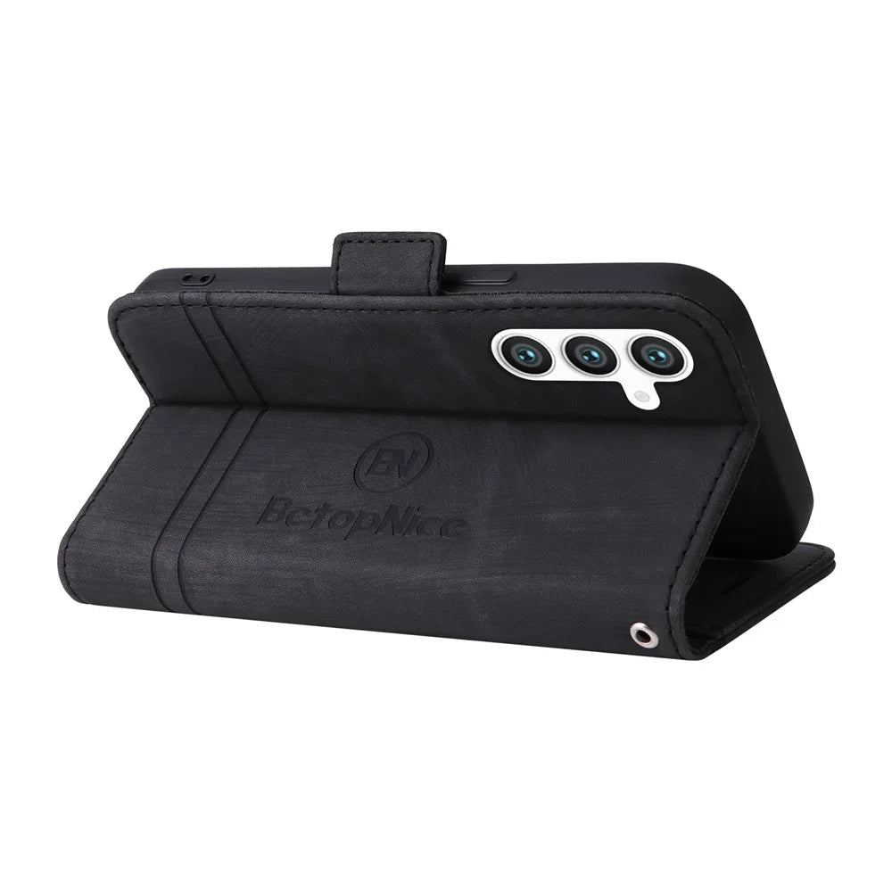 BETOPNICE 001 For Samsung Galaxy S23 FE TPU + PU Leather Phone Case Shockproof Stand Wallet Cover - Black - 4