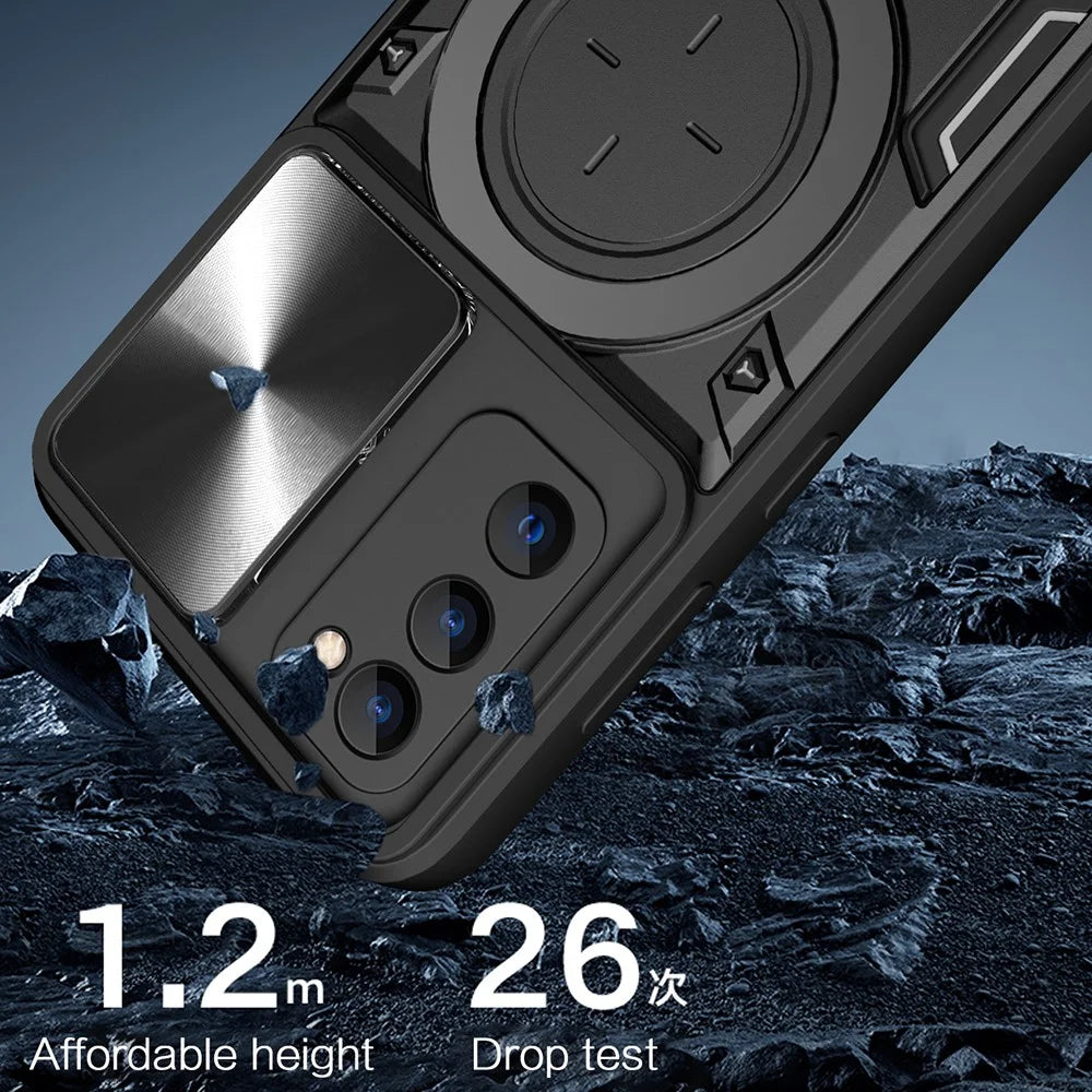 Kickstand Case for Samsung Galaxy S20 FE / S20 FE 5G / S20 FE 2022 / S20 Lite , Slide Camera Lid PC+TPU Phone Cover - Black - 2