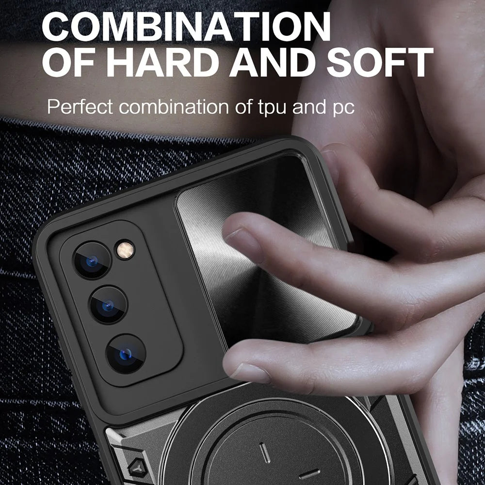 Kickstand Case for Samsung Galaxy S20 FE / S20 FE 5G / S20 FE 2022 / S20 Lite , Slide Camera Lid PC+TPU Phone Cover - Black - 5