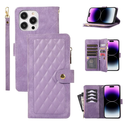 For iPhone 15 Pro Max Phone Case Zipper Pocket Splicing Style PU Leather Phone Cover with Multiple Card Slots - Purple - 1
