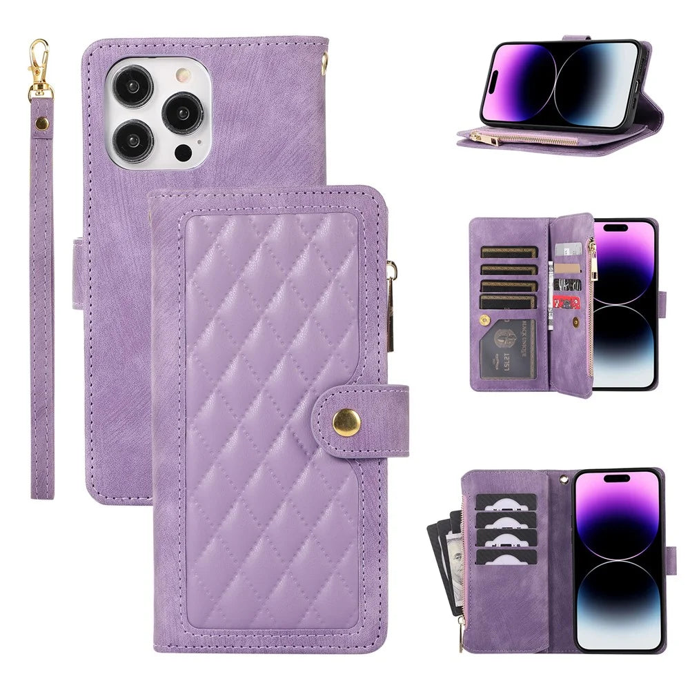 For iPhone 15 Pro Max Phone Case Zipper Pocket Splicing Style PU Leather Phone Cover with Multiple Card Slots - Purple - 1