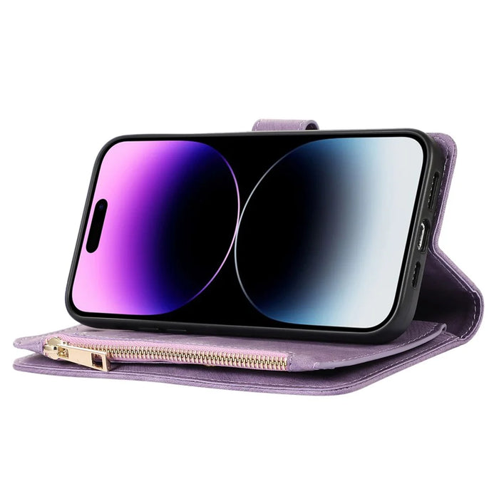 For iPhone 15 Pro Max Phone Case Zipper Pocket Splicing Style PU Leather Phone Cover with Multiple Card Slots - Purple - 2