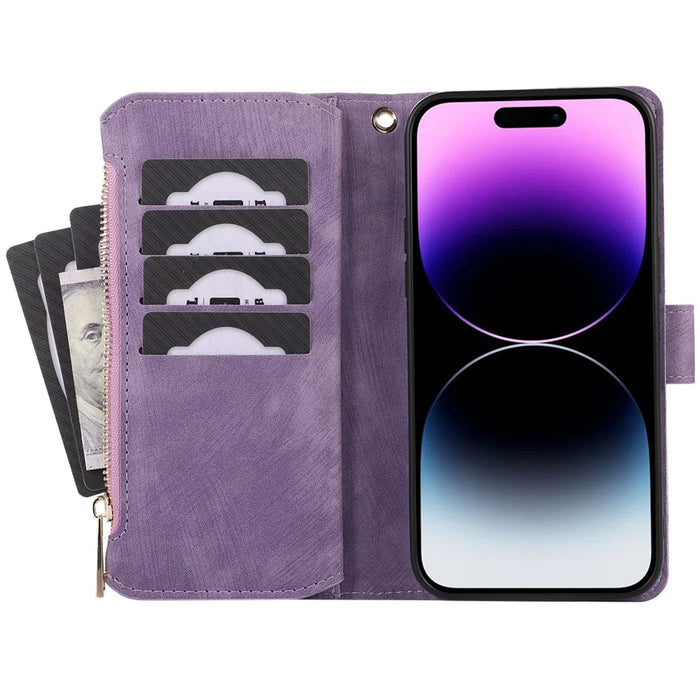 For iPhone 15 Pro Max Phone Case Zipper Pocket Splicing Style PU Leather Phone Cover with Multiple Card Slots - Purple - 3