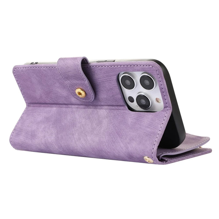 For iPhone 15 Pro Max Phone Case Zipper Pocket Splicing Style PU Leather Phone Cover with Multiple Card Slots - Purple - 4