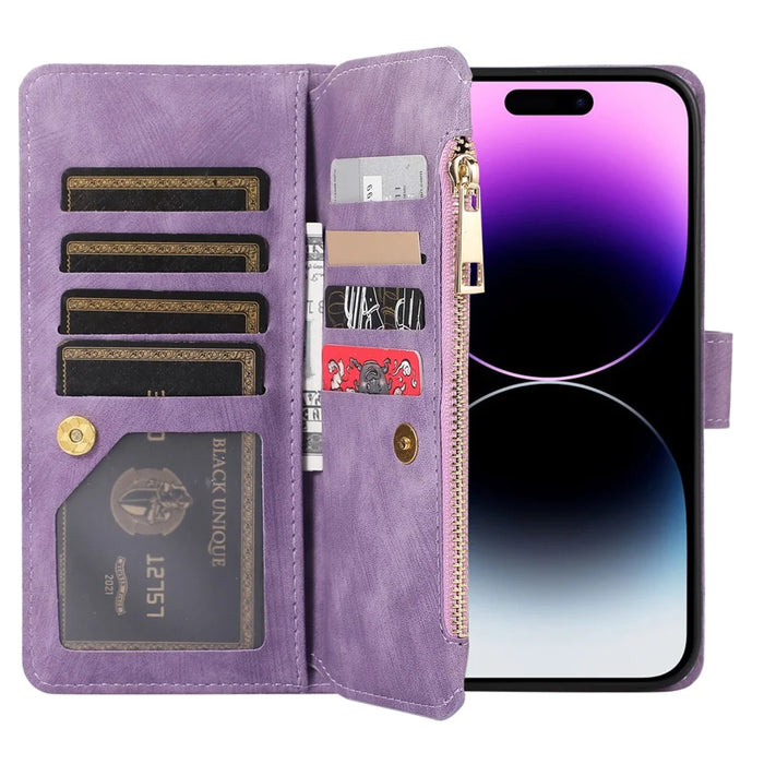 For iPhone 15 Pro Max Phone Case Zipper Pocket Splicing Style PU Leather Phone Cover with Multiple Card Slots - Purple - 5