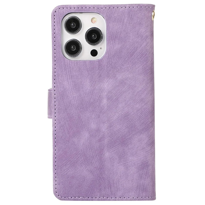 For iPhone 15 Pro Max Phone Case Zipper Pocket Splicing Style PU Leather Phone Cover with Multiple Card Slots - Purple - 7