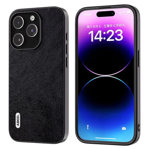 ABEEL Back Shell for iPhone 15 Pro Phone Case Litchi Texture PU Leather Coated TPU Shockproof Cover - Black - 1