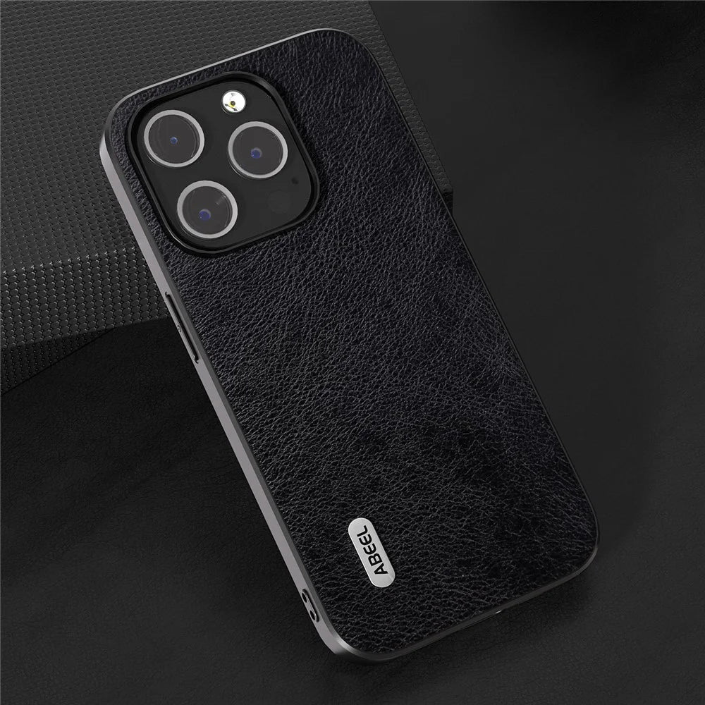ABEEL Back Shell for iPhone 15 Pro Phone Case Litchi Texture PU Leather Coated TPU Shockproof Cover - Black - 4