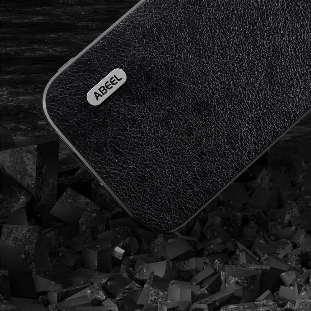 ABEEL Back Shell for iPhone 15 Pro Phone Case Litchi Texture PU Leather Coated TPU Shockproof Cover - Black - 5
