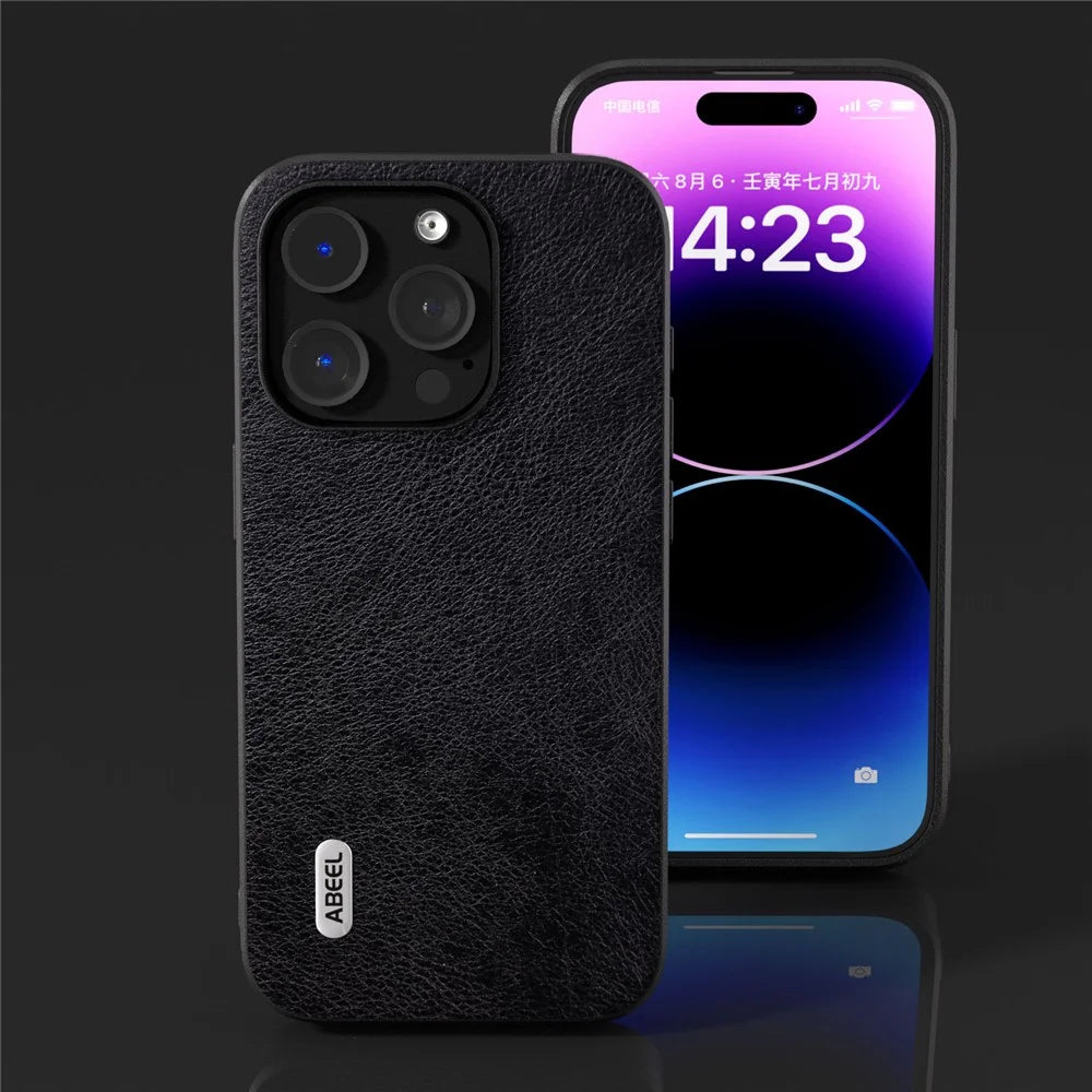 ABEEL Back Shell for iPhone 15 Pro Phone Case Litchi Texture PU Leather Coated TPU Shockproof Cover - Black - 6