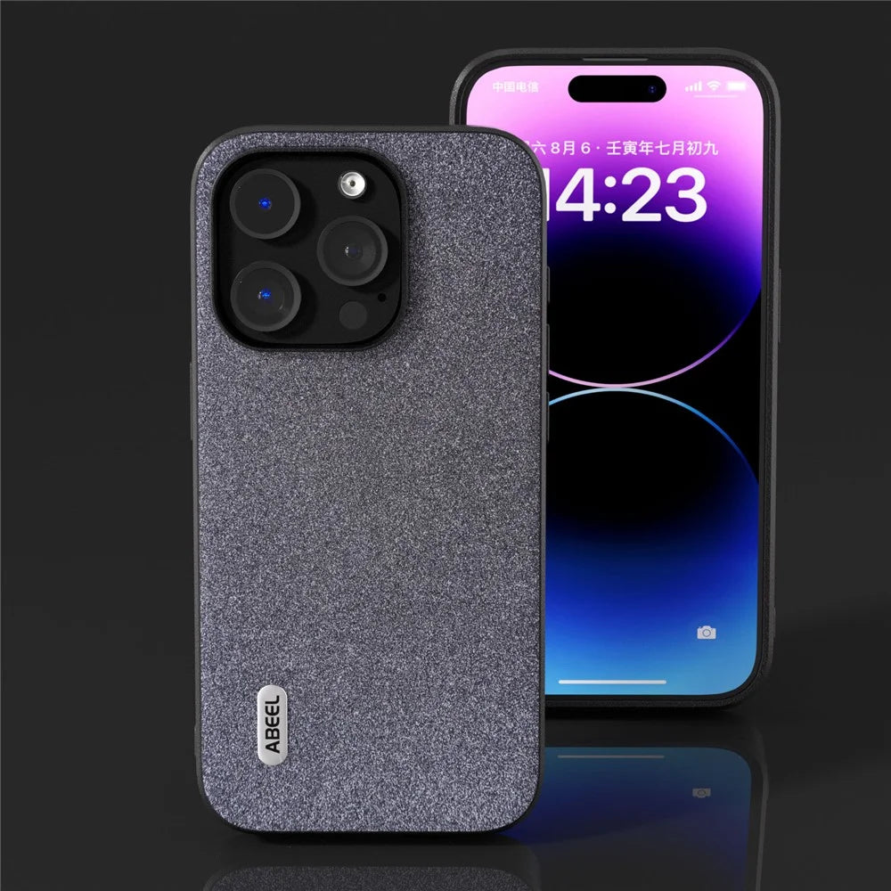 ABEEL For iPhone 14 Pro Glitter Phone Case PU Leather Coated TPU Anti-scratch Cover - Black - 6
