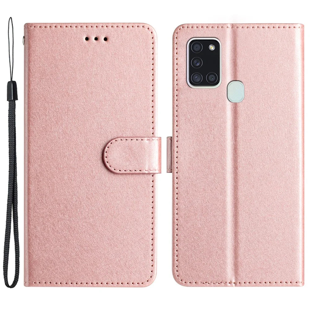 Silk Texture Case for Samsung Galaxy A21s Folio Flip Leather Wallet Stand Shell with Hand Strap - Rose Gold - 1