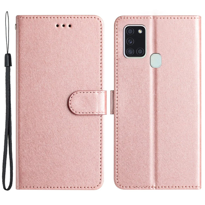 Silk Texture Case for Samsung Galaxy A21s Folio Flip Leather Wallet Stand Shell with Hand Strap - Rose Gold - 1