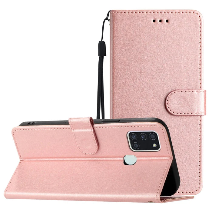 Silk Texture Case for Samsung Galaxy A21s Folio Flip Leather Wallet Stand Shell with Hand Strap - Rose Gold - 7