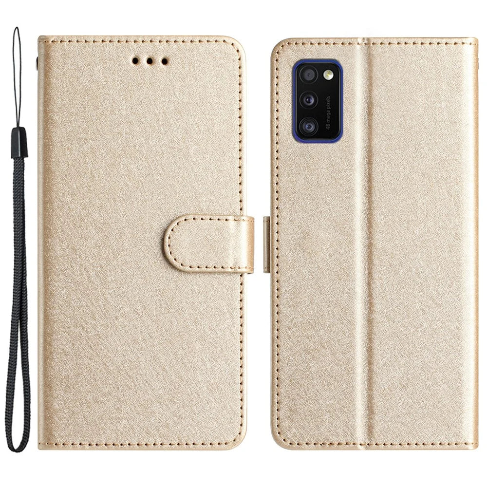 Magnetic Clasp Case for Samsung Galaxy A41 (Global Version) Silk Texture Leather Wallet Stand Shell with Hand Strap - Gold - 1