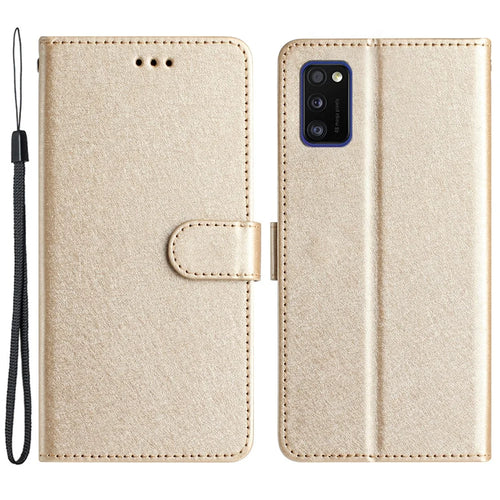 Magnetic Clasp Case for Samsung Galaxy A41 (Global Version) Silk Texture Leather Wallet Stand Shell with Hand Strap - Gold - 1