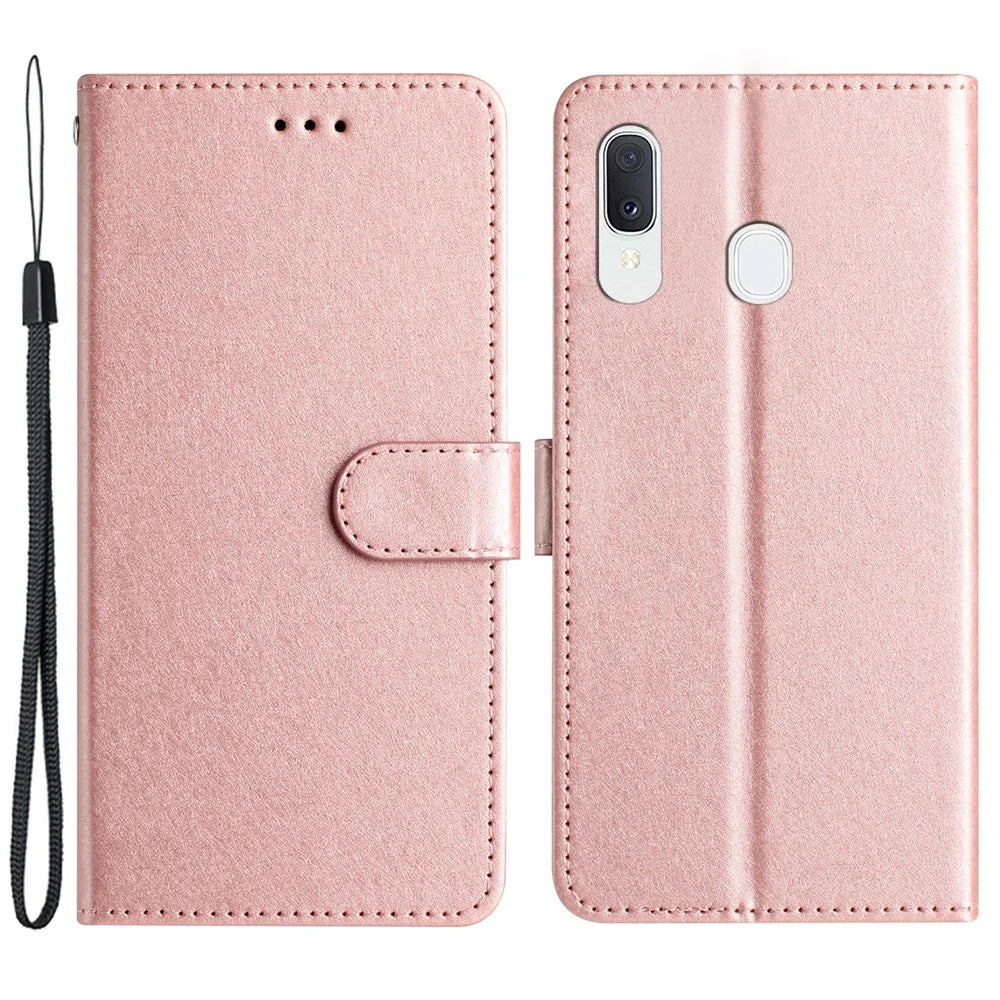 Magnetic Clasp Case for Samsung Galaxy A20e Silk Texture Leather Wallet Stand Well-protected Shell with Hand Strap - Rose Gold - 1