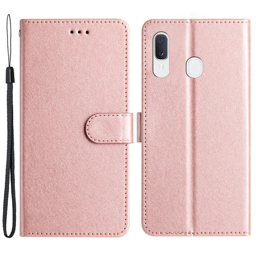 Magnetic Clasp Case for Samsung Galaxy A20e Silk Texture Leather Wallet Stand Well-protected Shell with Hand Strap - Rose Gold - 1