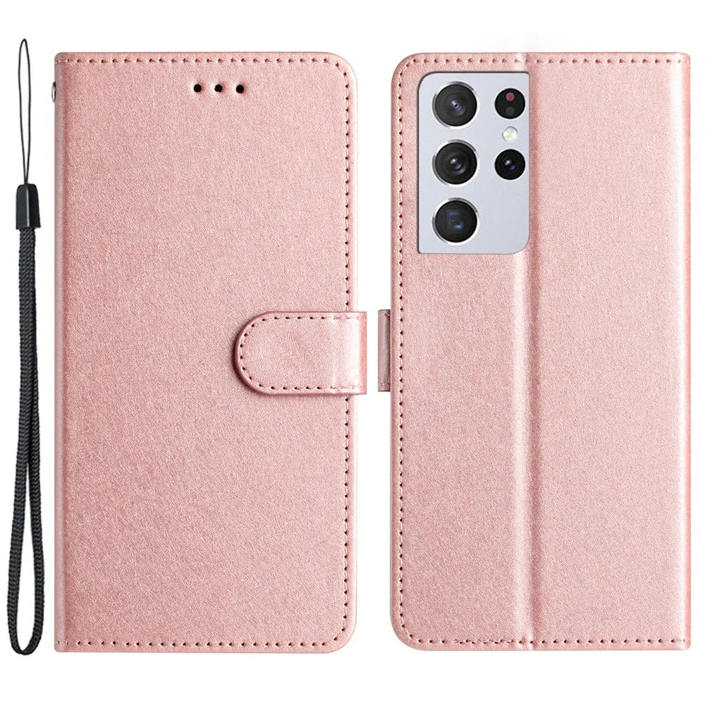 Impact Resistant Case for Samsung Galaxy S21 Ultra 5G Silk Texture Leather Wallet Stand Shell with Hand Strap - Rose Gold - 1