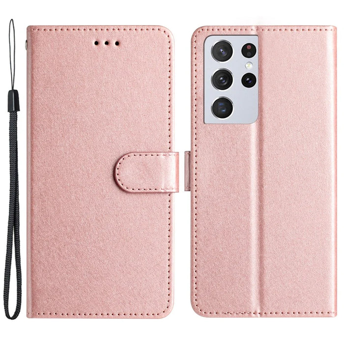 Impact Resistant Case for Samsung Galaxy S21 Ultra 5G Silk Texture Leather Wallet Stand Shell with Hand Strap - Rose Gold - 1