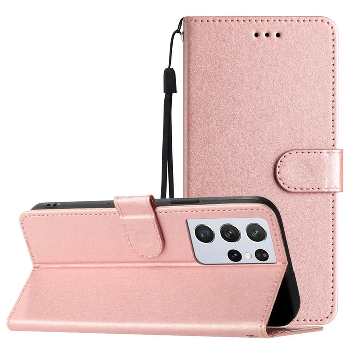 Impact Resistant Case for Samsung Galaxy S21 Ultra 5G Silk Texture Leather Wallet Stand Shell with Hand Strap - Rose Gold - 7
