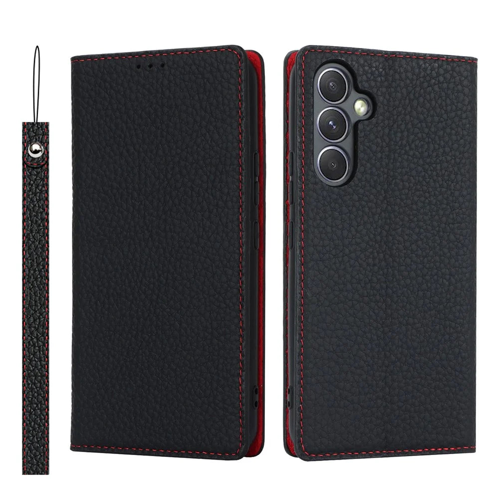 For Samsung Galaxy A54 5G Genuine Cow Leather Flip Case Litchi Texture Wallet Stand Phone Cover with Strap - Black - 1