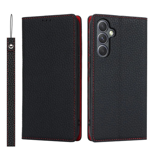 For Samsung Galaxy A54 5G Genuine Cow Leather Flip Case Litchi Texture Wallet Stand Phone Cover with Strap - Black - 1