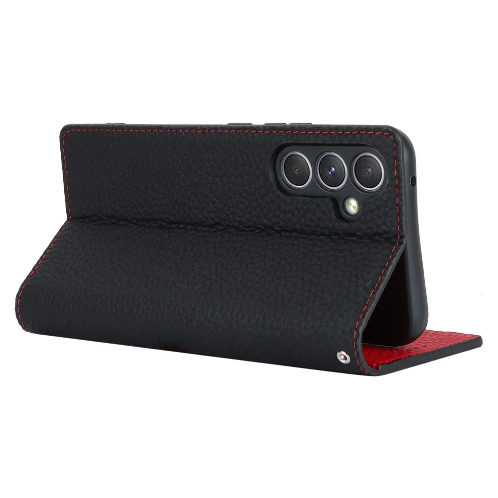 For Samsung Galaxy A54 5G Genuine Cow Leather Flip Case Litchi Texture Wallet Stand Phone Cover with Strap - Black - 4