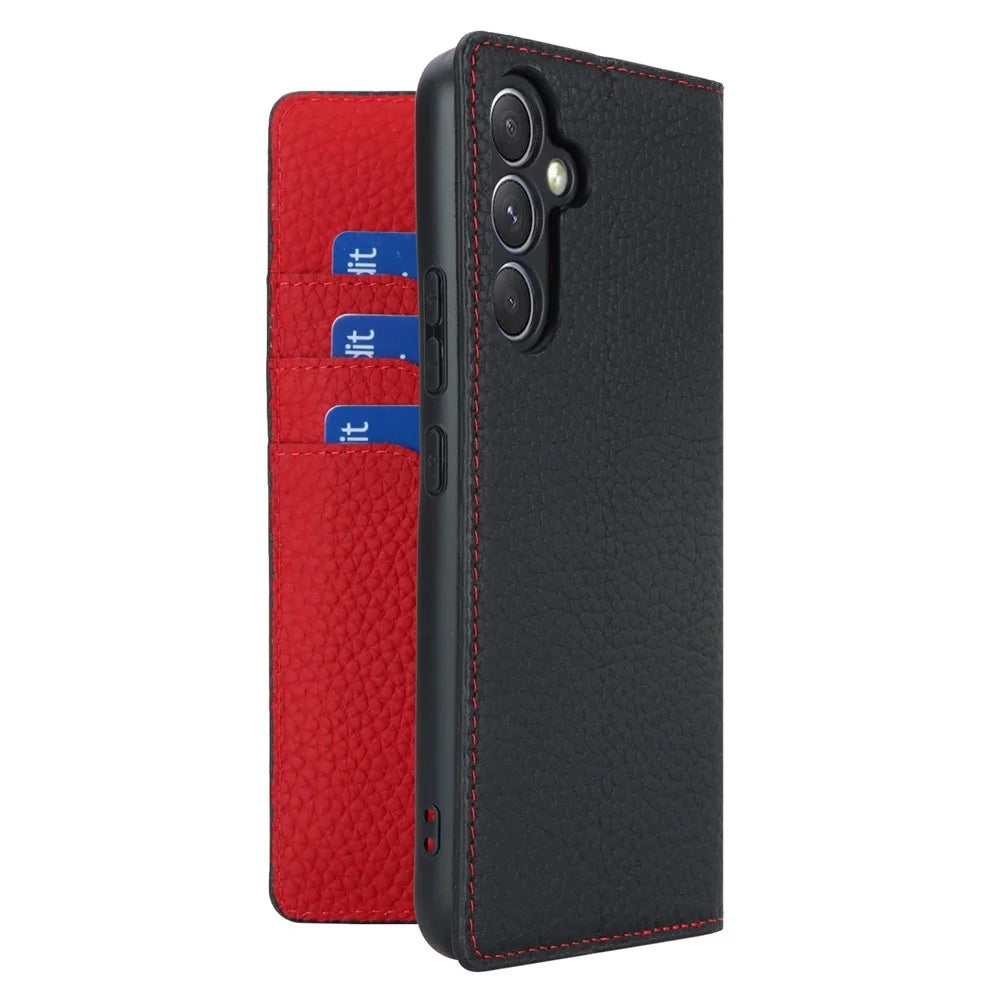 For Samsung Galaxy A54 5G Genuine Cow Leather Flip Case Litchi Texture Wallet Stand Phone Cover with Strap - Black - 6