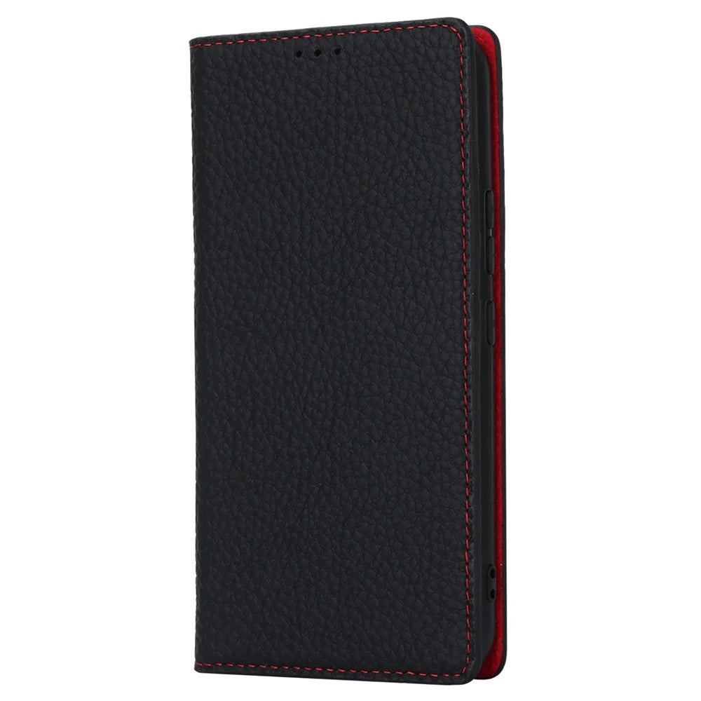 For Samsung Galaxy A54 5G Genuine Cow Leather Flip Case Litchi Texture Wallet Stand Phone Cover with Strap - Black - 7