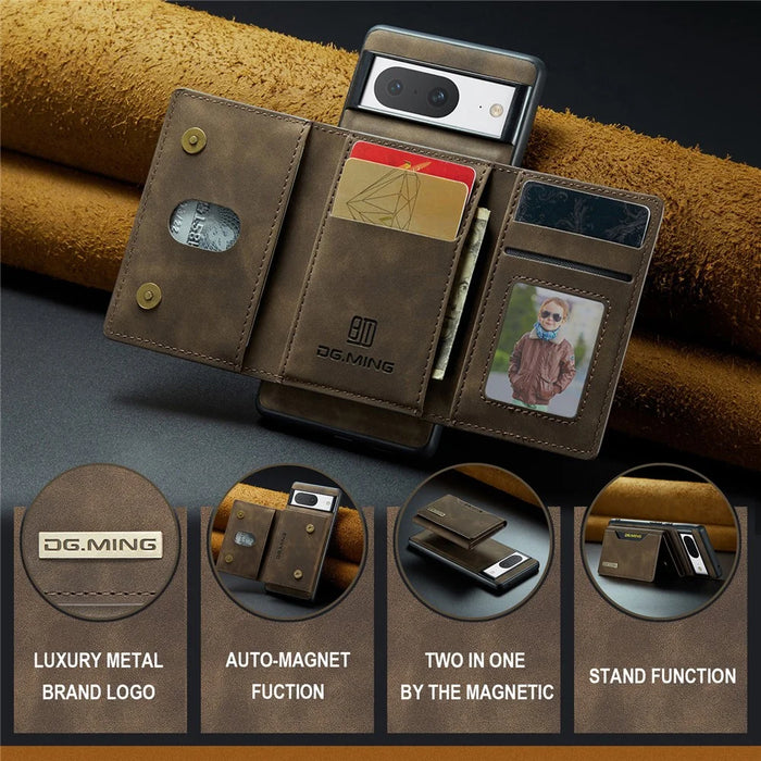 DG.MING M2 Series for Google Pixel 8 Magnetic Detachable Back Cover Leather Coated PC+TPU Kickstand Wallet Phone Case - Coffee - 5