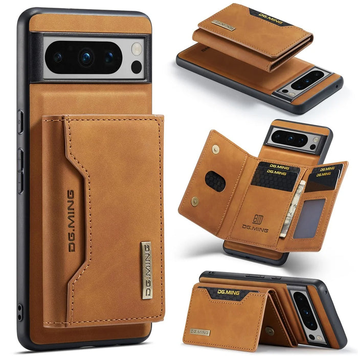 DG.MING M2 Series for Google Pixel 8 Pro Leather Coated PC+TPU Magnetic Detachable Back Cover Kickstand Wallet Phone Case - Brown - 1