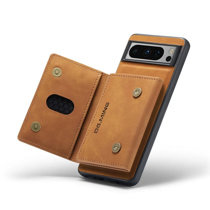 DG.MING M2 Series for Google Pixel 8 Pro Leather Coated PC+TPU Magnetic Detachable Back Cover Kickstand Wallet Phone Case - Brown - 4
