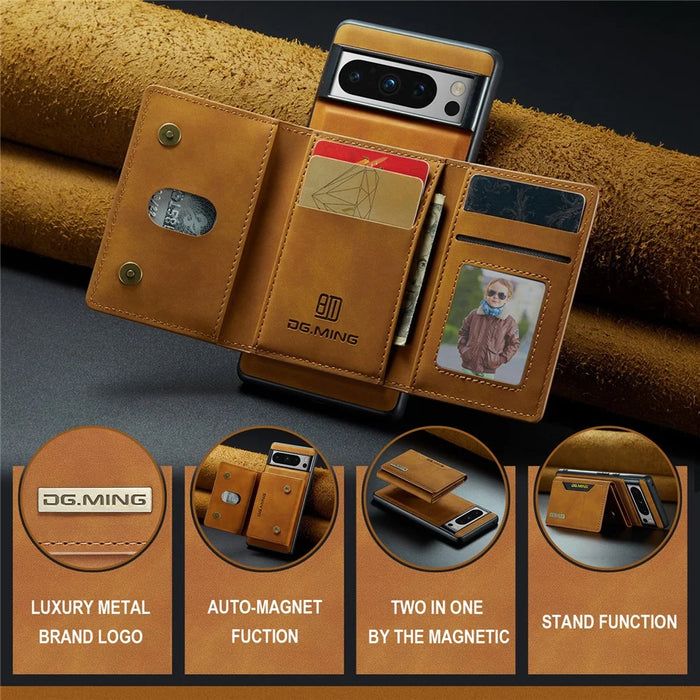 DG.MING M2 Series for Google Pixel 8 Pro Leather Coated PC+TPU Magnetic Detachable Back Cover Kickstand Wallet Phone Case - Brown - 5