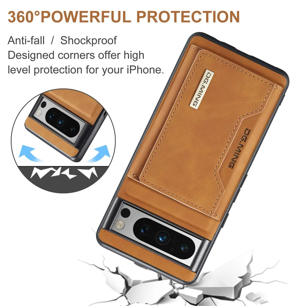 DG.MING M2 Series for Google Pixel 8 Pro Leather Coated PC+TPU Magnetic Detachable Back Cover Kickstand Wallet Phone Case - Brown - 6