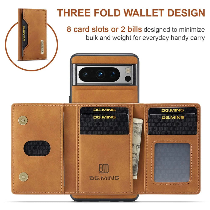 DG.MING M2 Series for Google Pixel 8 Pro Leather Coated PC+TPU Magnetic Detachable Back Cover Kickstand Wallet Phone Case - Brown - 7