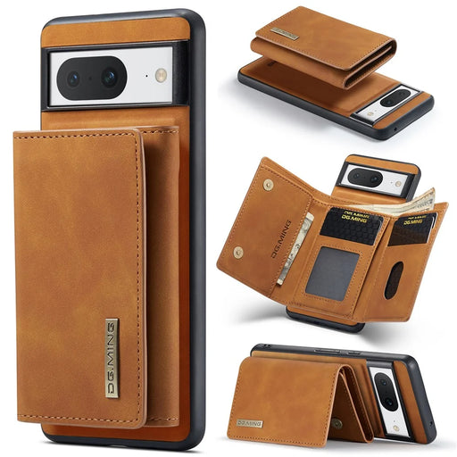 DG.MING M1 Series For Google Pixel 8 Magnetic Wallet Kickstand Phone Case Anti-drop PC+TPU+Leather Coated Back Cover - Brown - 1