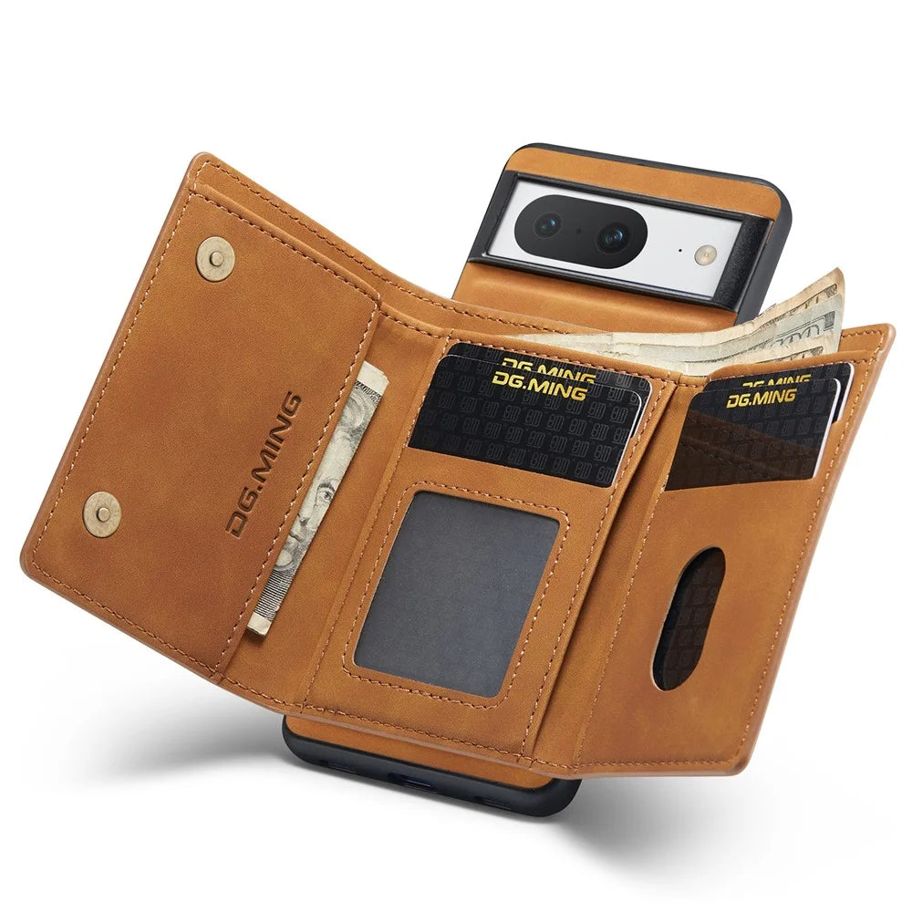 DG.MING M1 Series For Google Pixel 8 Magnetic Wallet Kickstand Phone Case Anti-drop PC+TPU+Leather Coated Back Cover - Brown - 2