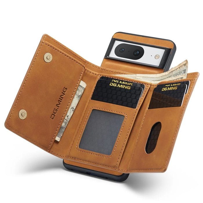 DG.MING M1 Series For Google Pixel 8 Magnetic Wallet Kickstand Phone Case Anti-drop PC+TPU+Leather Coated Back Cover - Brown - 2
