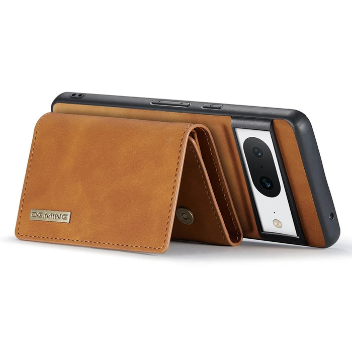 DG.MING M1 Series For Google Pixel 8 Magnetic Wallet Kickstand Phone Case Anti-drop PC+TPU+Leather Coated Back Cover - Brown - 3