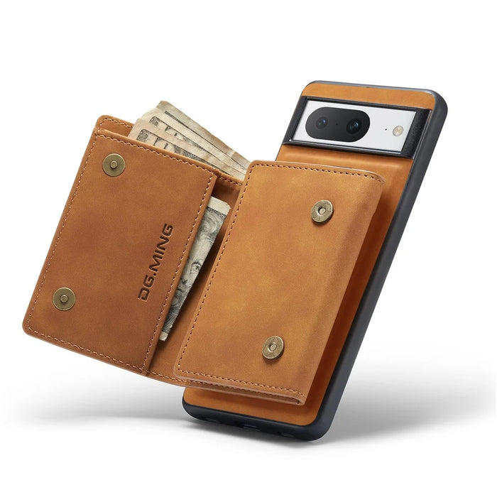 DG.MING M1 Series For Google Pixel 8 Magnetic Wallet Kickstand Phone Case Anti-drop PC+TPU+Leather Coated Back Cover - Brown - 4