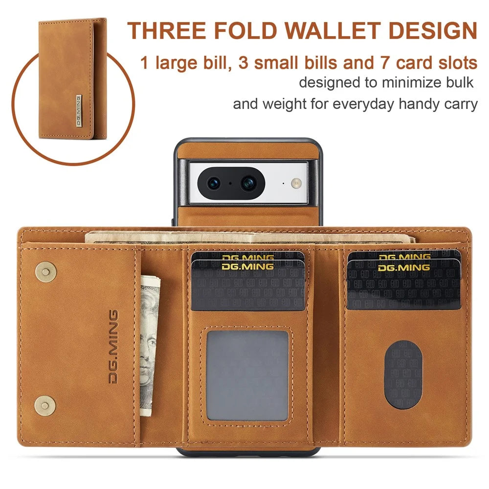 DG.MING M1 Series For Google Pixel 8 Magnetic Wallet Kickstand Phone Case Anti-drop PC+TPU+Leather Coated Back Cover - Brown - 5