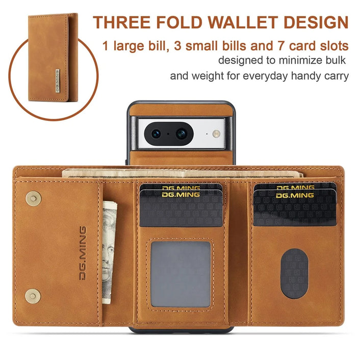 DG.MING M1 Series For Google Pixel 8 Magnetic Wallet Kickstand Phone Case Anti-drop PC+TPU+Leather Coated Back Cover - Brown - 5